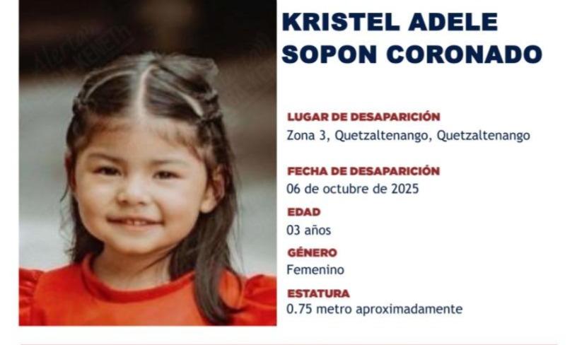 Desaparece niña de 3 años en Quetzaltenango, activan Alba-Keneth