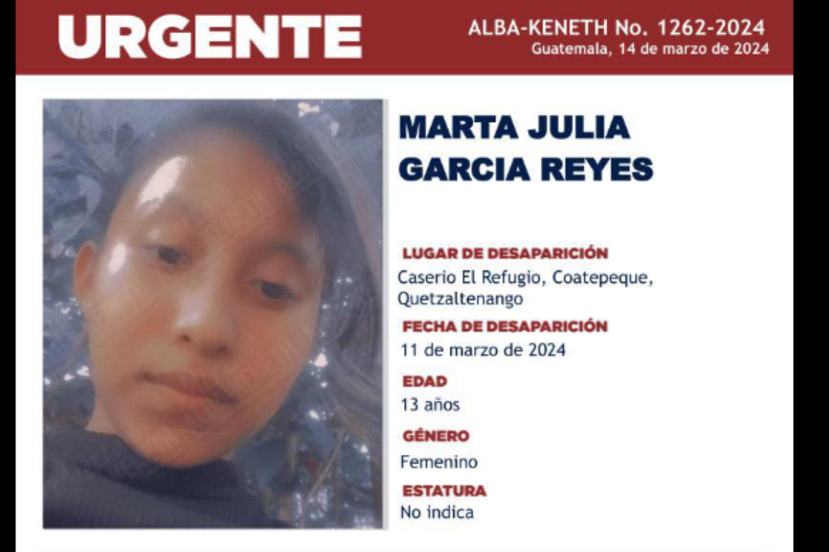 Desaparece Marta Julia García Reyes, de 13 años, en Coatepeque: Activada alerta Alba-Keneth